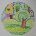 丁丁绘画作品房子和大树-五周岁