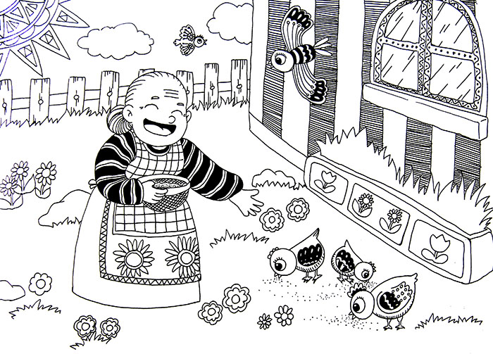 儿童线描画作品欣赏:奶奶喂鸡