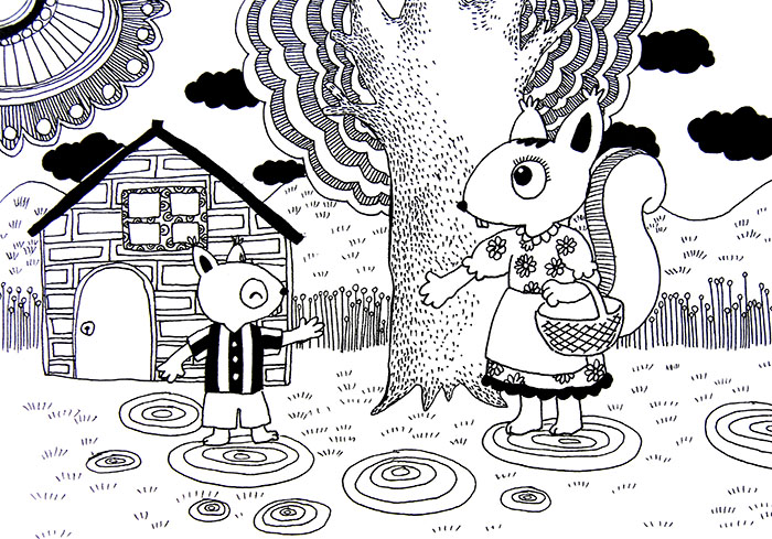 儿童线描画作品欣赏:小松鼠和妈妈