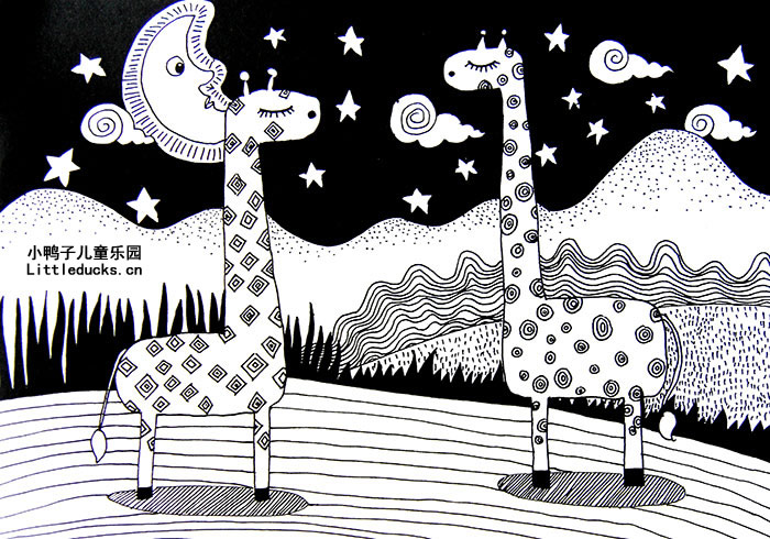 儿童线描画作品欣赏:长颈鹿