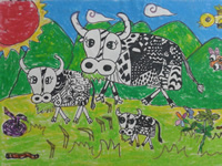 儿童线描画作品欣赏:奶牛