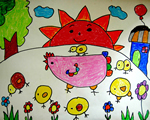 幼儿画画作品:母鸡带
