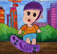 小学生绘画作品玩滑板的男孩