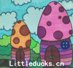 幼儿绘画作品:水彩画蘑菇小房子