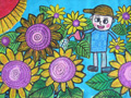 儿童绘画作品向日葵中的男孩