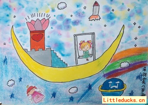 儿童绘画作品月亮上城堡