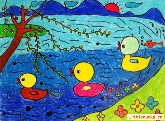 幼儿绘画作品:春暖花开小鸭戏水
