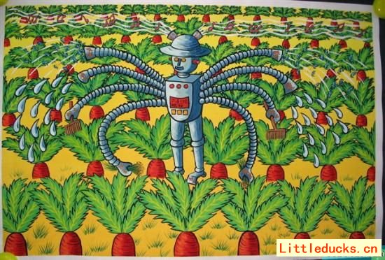 儿童科幻画获奖作品机器人洒水机除草机