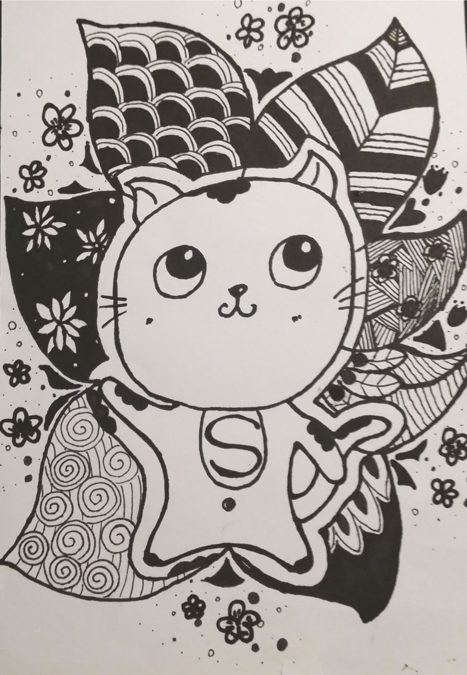 丁丁线描画作品:花丛中的小猫咪