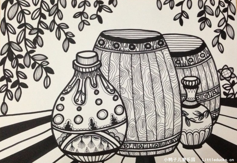 小学生绘画作品欣赏:线描画酒桶