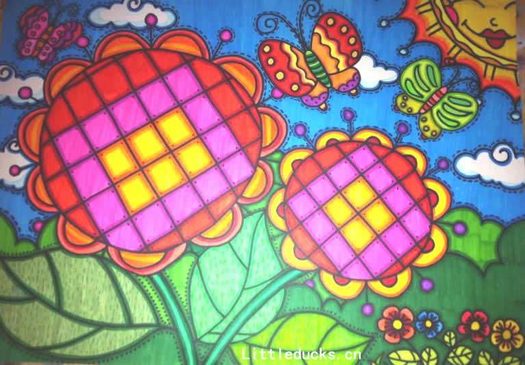 小学生绘画作品欣赏:向日葵与蝴蝶