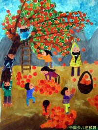 儿童绘画作品　摘柿