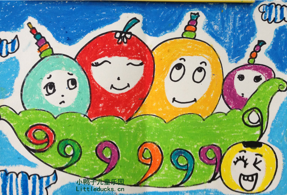 幼儿画画作品:一个豆荚里的五粒豆