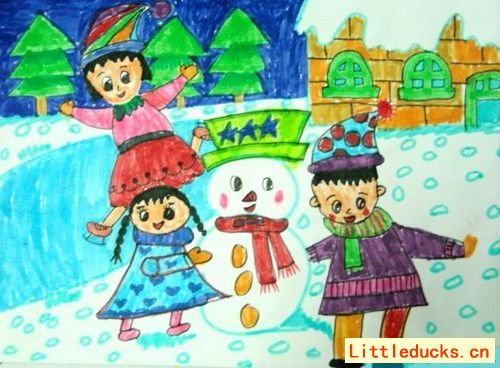 幼儿园美术作品大家一起堆雪人