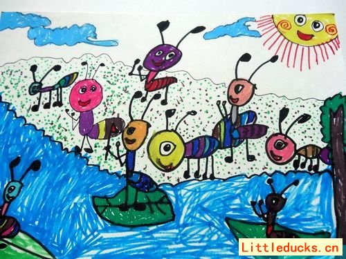 儿童画画图片蚂蚁过河